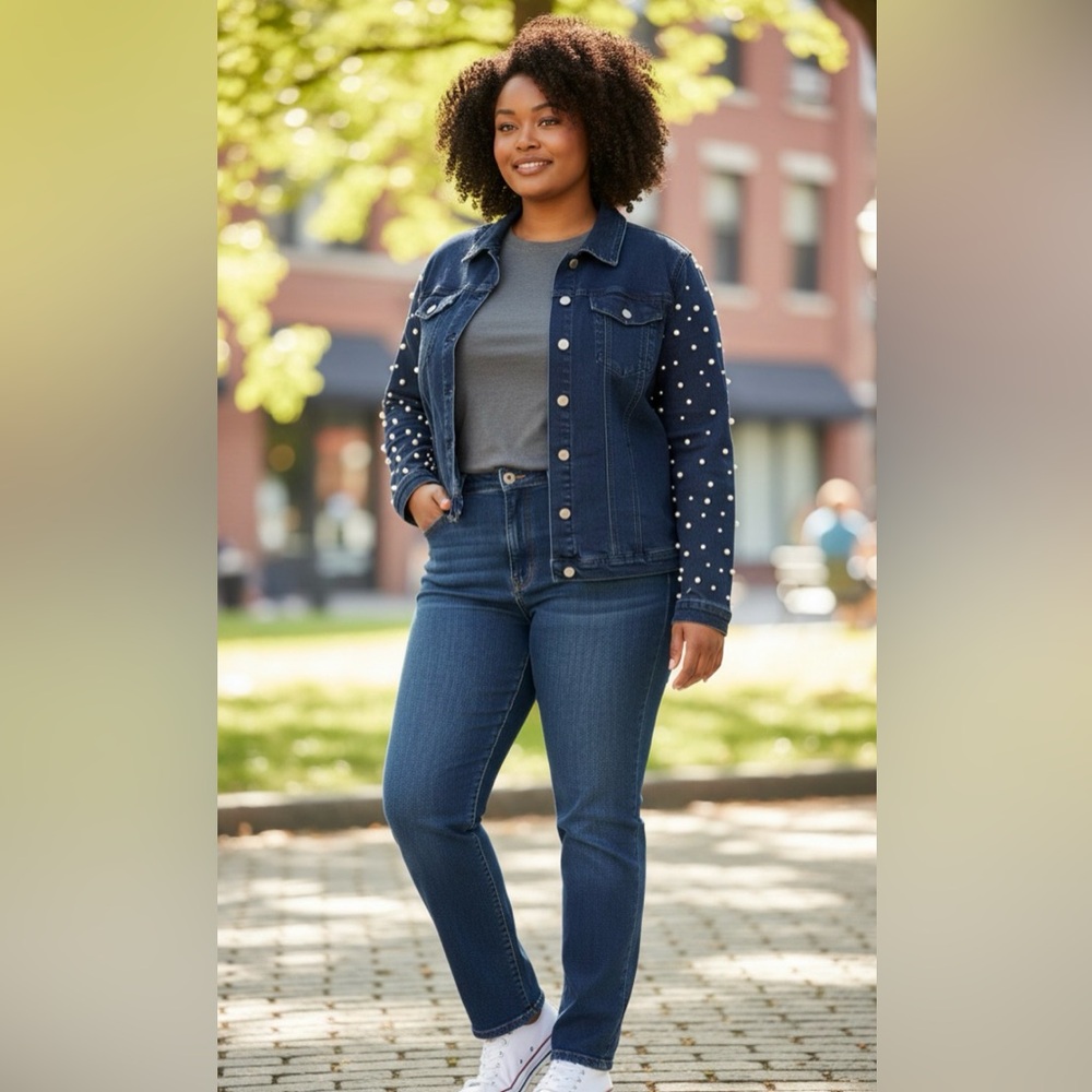 Women with Control Dark Blue Pearl Embellished Jean Jacket - Picture 3 of 6